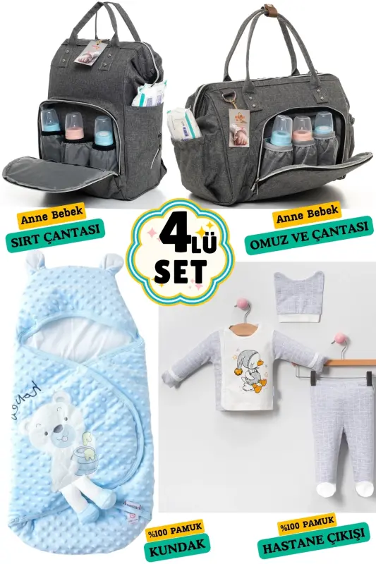 4'lü Büyük Doğum Seti (HASTANE ÇIKIŞI, BEBEK BAKIM SIRT VE OMUZ ÇANTASI, KUNDAK)-GRİ - BOMBINOO