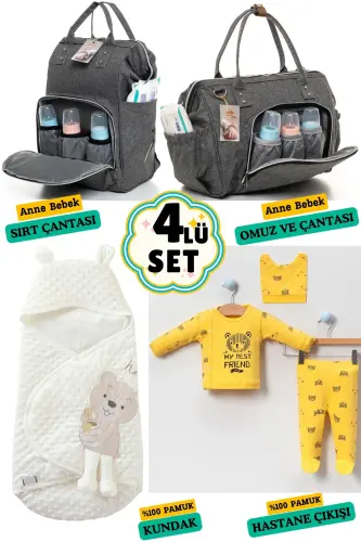 4'lü Büyük Doğum Seti (HASTANE ÇIKIŞI, BEBEK BAKIM SIRT VE OMUZ ÇANTASI, KUNDAK)-GRİ 