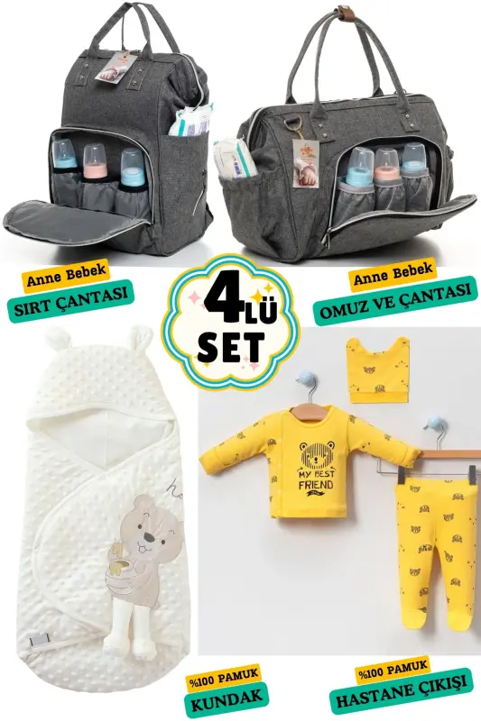 4'lü Büyük Doğum Seti (HASTANE ÇIKIŞI, BEBEK BAKIM SIRT VE OMUZ ÇANTASI, KUNDAK)-GRİ - 1