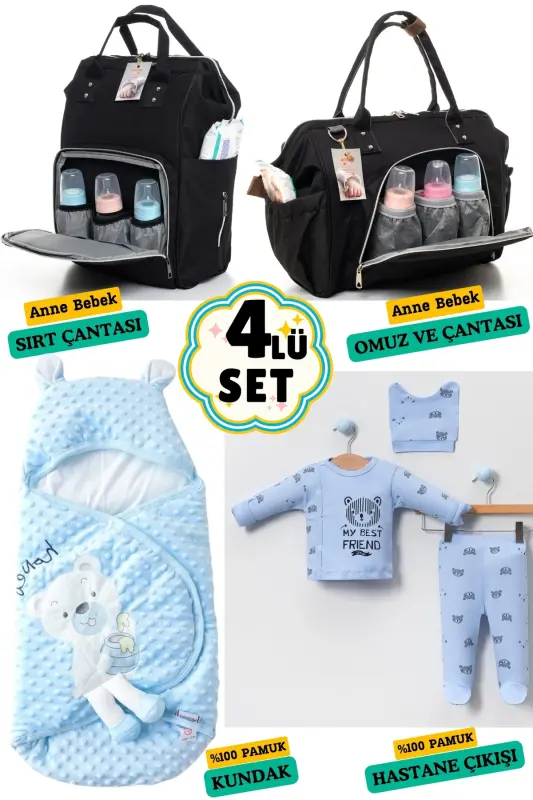 4'lü Büyük Doğum Seti (HASTANE ÇIKIŞI, BEBEK BAKIM SIRT VE OMUZ ÇANTASI, KUNDAK)-SİYAH - BOMBINOO