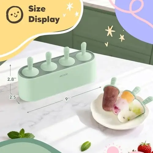 Popsicle Mold Set 4 Pieces Homemade Silicone Popsicle Maker Easy Release Ice Cream Molds Reusable DIY Pop Molds (Green, IcyClassic Pops) - 5