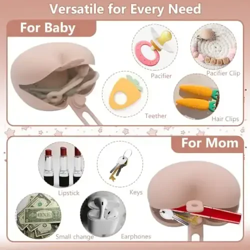 4pcs Pacifier Holder Case Set, 2pcs Silicone Portable Pacifier Pouch and 2pcs Transparent Pacifier Storage Container, Cute Heart Shape Pacifier Storage Case for Newborn Baby（Pink+Khaki） - 4