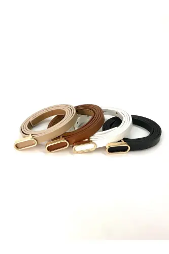 4'lü Ithal Oval Gold Tokalı Ince Kemer, Pantolon Kemeri, Gömlek Kemeri, Ceket Kemeri - SİYAH TABA BEJ BEYAZ - 3