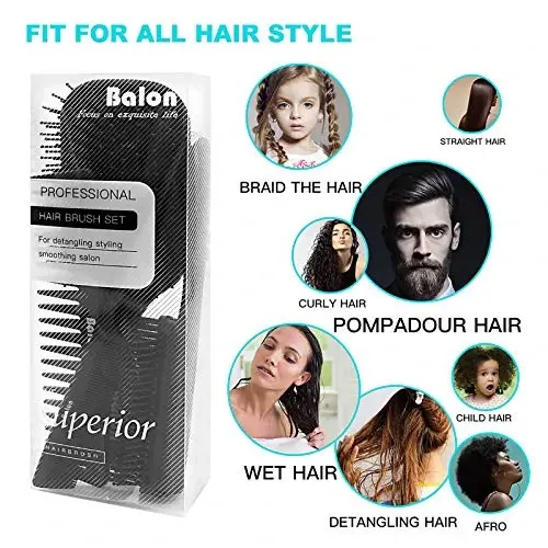 4Pcs Paddle Hair Brush, Detangling Brush and Hair Comb Set for Men and Women, Great On Wet or Dry Hair, No More Tangle Hairbrush for Long Thick Thin Curly Natural Hair - 6