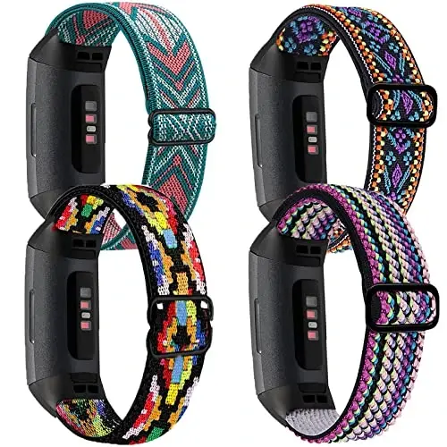 4 Pack Stretchy Band Compatible with Fit bit Charge 4 Bands/ Charge 3 Band/ Charge 3SE Smart Watch Wristbands for Women Men, Breathable Adjustable Loop Nylon Replacement Straps Elastic Charge 3 Wristbands for Women Men - 1