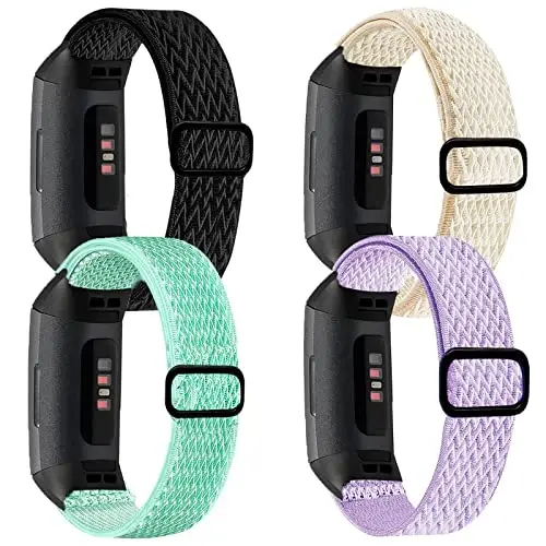 4 Pack Stretchy Band Compatible with Fit bit Charge 4 Bands/ Charge 3 Band/ Charge 3SE Smart Watch Wristbands for Women Men, Breathable Adjustable Loop Nylon Replacement Straps Elastic Charge 3 Wristbands for Women Men 