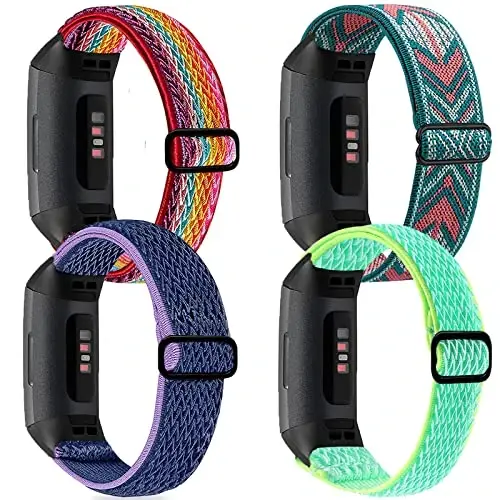 4 Pack Stretchy Band Compatible with Fit bit Charge 4 Bands/ Charge 3 Band/ Charge 3SE Smart Watch Wristbands for Women Men, Breathable Adjustable Loop Nylon Replacement Straps Elastic Charge 3 Wristbands for Women Men - 1