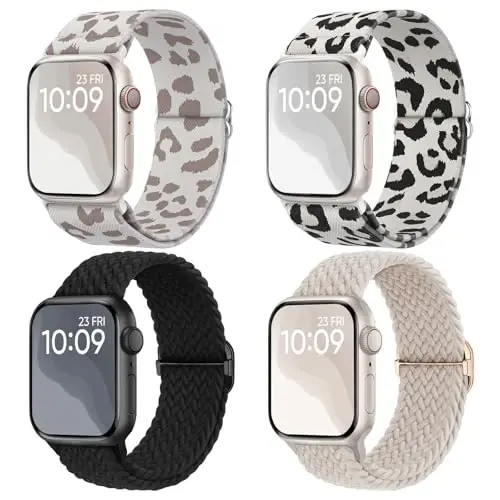 4 Pack Stretchy Bands Compatible for Apple Watch Band 38mm 40mm 41mm 42mm 44mm 45mm 49mm Women, Braided Elastic Strap Nylon Solo Loop Wristband for iWatch Series 9 8 7 6 5 4 3 2 1 SE Ultra 