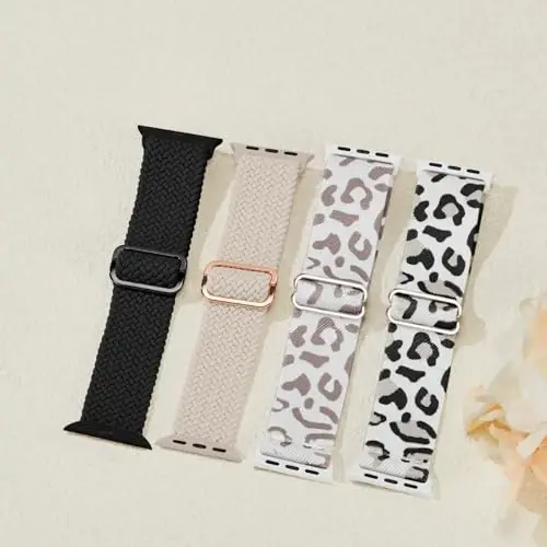 4 Pack Stretchy Bands Compatible for Apple Watch Band 38mm 40mm 41mm 42mm 44mm 45mm 49mm Women, Braided Elastic Strap Nylon Solo Loop Wristband for iWatch Series 9 8 7 6 5 4 3 2 1 SE Ultra - MODAZONE (1)