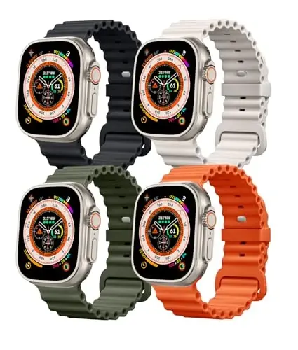 4 Pack Ocean Bands Compatible with Apple Watch Ultra Band 49mm 45mm 44mm 42mm Men Women, Soft Silicone Straps Sport Rugged Smartwatch Replacement for IWatch Ultra Ultra 2 Series 9 8 7 6 5 4 3 2 SE - 1