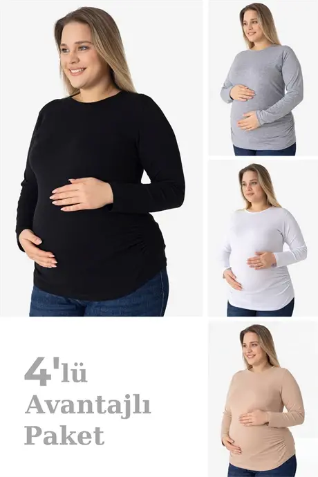 4'lü Paket Renkli Uzun Kollu Hamile Tişört Pamuklu Likralı Yumuşak ve Esnek Kumaş - BÜYÜKBEDENIZ