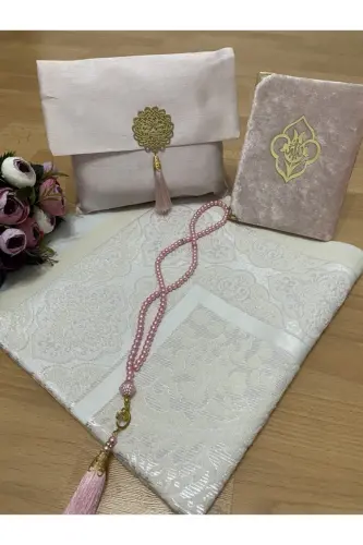 4'lü Şantuk Çantalı Hediyelik Çeyizlik Yasin Tesbih Seccade Seti - Pembe 