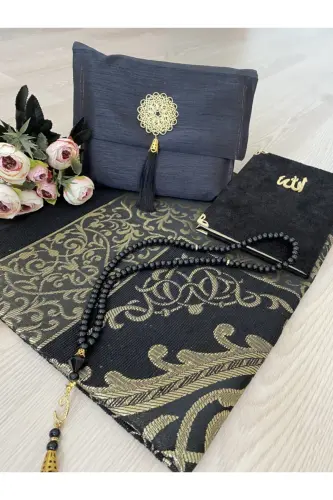 4’lü Şantuk Çantalı Hediyelik Çeyizlik Yasin Tesbih Seccade Seti - SİYAH 
