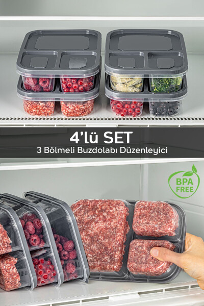 4'lü Set 3 Bölmeli Kapaklı Derin Dondurucu Düzenleme Organizeri Dikdörtgen Buzdolabı Saklama Kutusu - 1