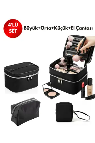 4’lü Set Makyaj ve Kozmetik Seyahat Çantası - Su Geçirmez Düzenleyici Valiz İçi Organizer-İMP SİYAH - 1