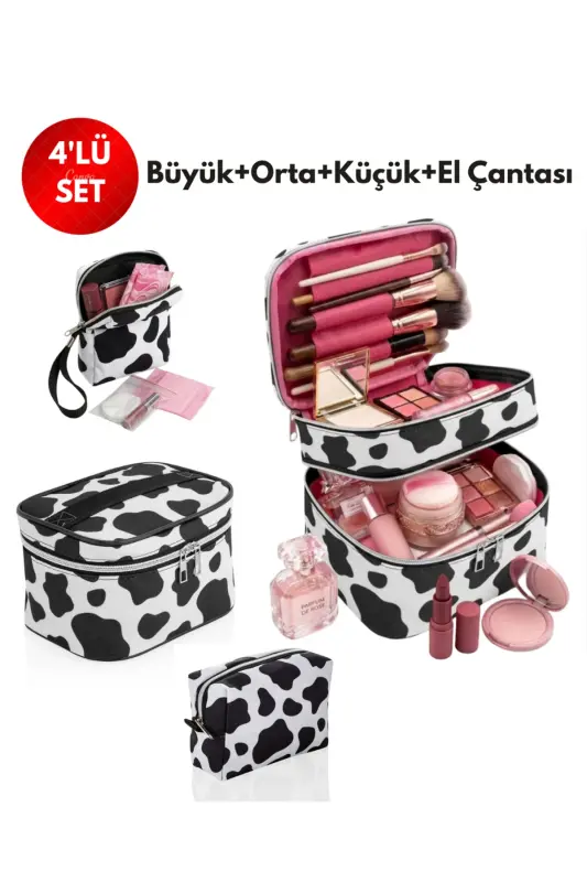 4’lü Set Makyaj ve Kozmetik Seyahat Çantası - Su Geçirmez Düzenleyici Valiz İçi Organizer-İnek Desenli - 1