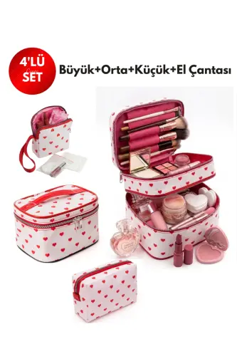 4’lü Set Makyaj ve Kozmetik Seyahat Çantası - Su Geçirmez Düzenleyici Valiz İçi Organizer - Kalp Desenli 