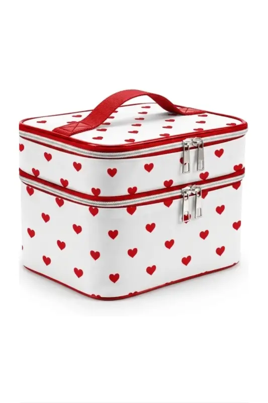 4’lü Set Makyaj ve Kozmetik Seyahat Çantası - Su Geçirmez Düzenleyici Valiz İçi Organizer - Kalp Desenli - 3