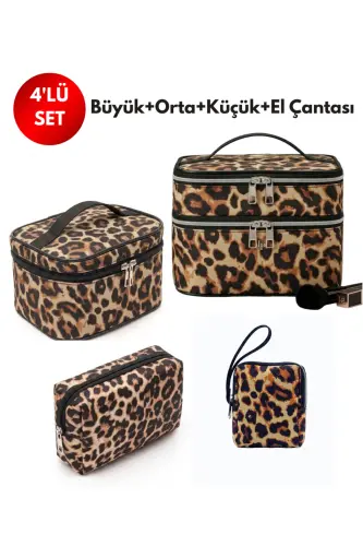 4’lü Set Makyaj ve Kozmetik Seyahat Çantası - Su Geçirmez Düzenleyici Valiz İçi Organizer - Leopar Sarı - 3