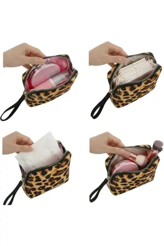 4’lü Set Makyaj ve Kozmetik Seyahat Çantası - Su Geçirmez Düzenleyici Valiz İçi Organizer-Leopar Sarı - 8