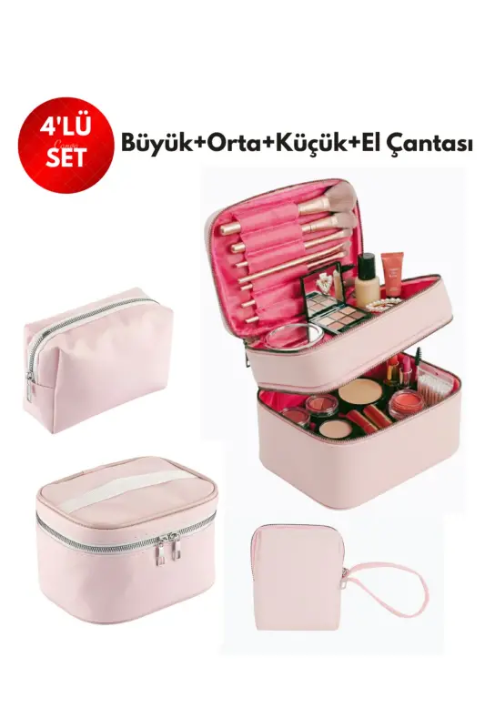 4’lü Set Makyaj ve Kozmetik Seyahat Çantası - Su Geçirmez Düzenleyici Valiz İçi Organizer - Pudra Pembe - 3