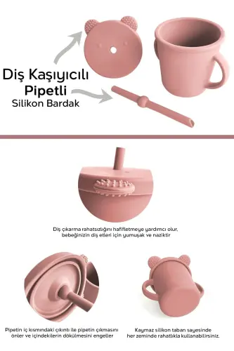 4'lü Silikon Beslenme Seti - Mama Önlüğü - Vakumlu Mama Kasesi - Pipetli Bardak - Kaşık - Pembe - 4