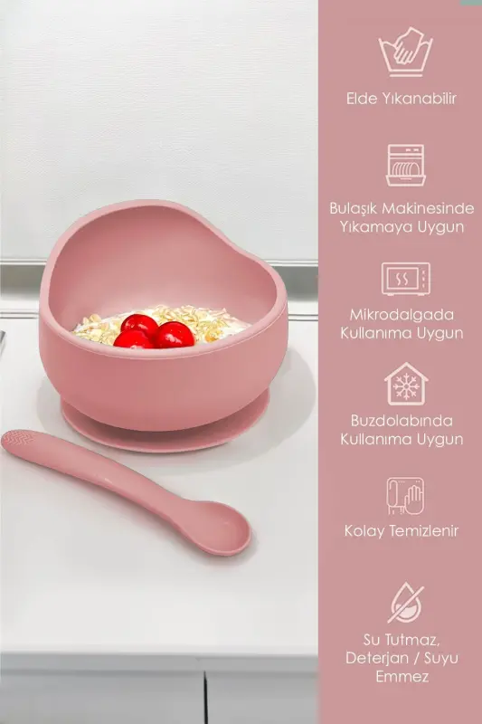 4'lü Silikon Beslenme Seti - Mama Önlüğü - Vakumlu Mama Kasesi - Pipetli Bardak - Kaşık - Pembe - 5