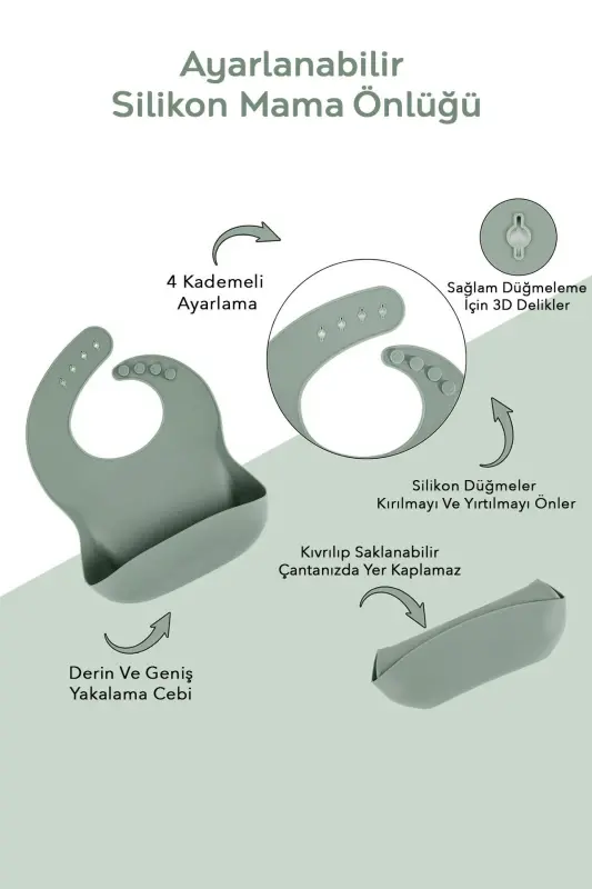 4'lü Silikon Beslenme Seti - Mama Önlüğü - Vakumlu Mama Kasesi - Pipetli Bardak - Kaşık - Yeşil - 3
