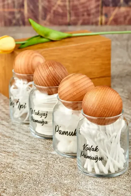 4'lü Top Kapaklı Cam Kulak Pamuğu & Makyaj Pamuğu & Diş Ipi & Pamukluk 300 Ml - 2