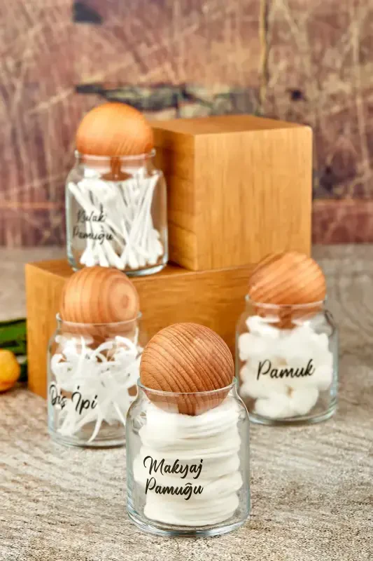 4'lü Top Kapaklı Cam Kulak Pamuğu & Makyaj Pamuğu & Diş Ipi & Pamukluk 300 Ml - 3