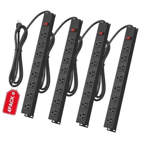 4Pack Metal 8 Outlet Mountable Power Strip, Wall Mount Outlet Heavy Duty, Wide Spaced Commercial Shop Power Strip with Switch, 6 FT Power Cord. - 5