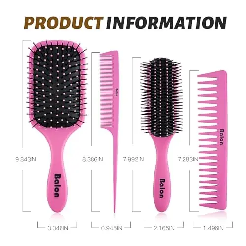 4Pcs Detangling Brush Set for Women - Paddle Brush for Wet or Dry Straight, Long, Thick, Curly, Natural Hair, No More Tangles (Pink) - 6