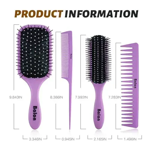 4Pcs Detangling Hair Brush Set for Women - Paddle Brush for Wet or Dry, No More Tangles for Straight, Long, Thick, Curly, and Natural Hair (Purple) - 6