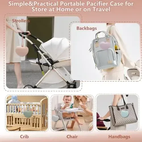 4pcs Pacifier Holder Case Set, 2pcs Silicone Portable Pacifier Pouch and 2pcs Transparent Pacifier Storage Container, Cute Heart Shape Pacifier Storage Case for Newborn Baby（Gray+Green） - 6