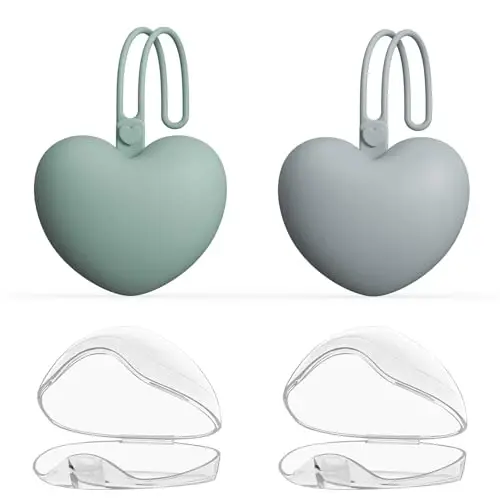 4pcs Pacifier Holder Case Set, 2pcs Silicone Portable Pacifier Pouch and 2pcs Transparent Pacifier Storage Container, Cute Heart Shape Pacifier Storage Case for Newborn Baby（Gray+Green） - 1