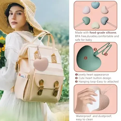 4pcs Pacifier Holder Case Set, 2pcs Silicone Portable Pacifier Pouch and 2pcs Transparent Pacifier Storage Container, Cute Heart Shape Pacifier Storage Case for Newborn Baby（Pink+Khaki） - 3