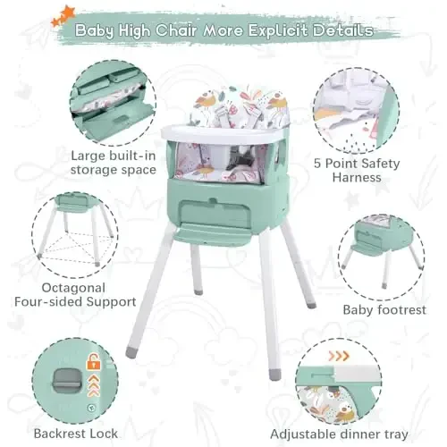 4 in 1 Portable Baby High Chair,Convertible Highchair for Babies and Toddlers-Foldable Infant Booster Seat,Carry Small Box,Dining Chair,Toddler High Chair with 5-Point Harness,Removable Tray-Green - 3