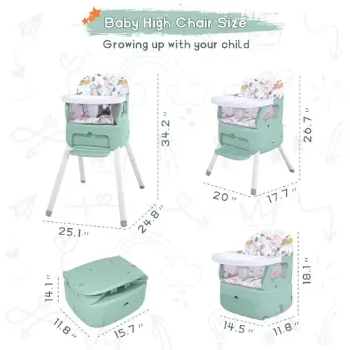 4 in 1 Portable Baby High Chair,Convertible Highchair for Babies and Toddlers-Foldable Infant Booster Seat,Carry Small Box,Dining Chair,Toddler High Chair with 5-Point Harness,Removable Tray-Green - 6