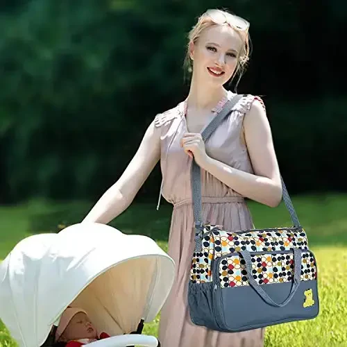 5PCS Diaper Bag Tote Set for Baby Essentials – Large Baby Bags for Mom, Waterproof Maternity Bags with Bottle Bag, Food Bag & Changing Pad (Gray) - 5PCS (1)