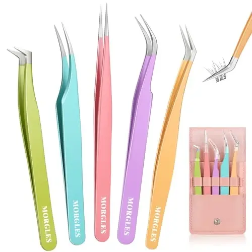 MORGLES High Precision Lash Tweezers Set for Eyelash Extensions, 5 in 1 Eyelash Extension Tweezers for Girls, Women, Professional Lash Extension Artists & Beginners - 1
