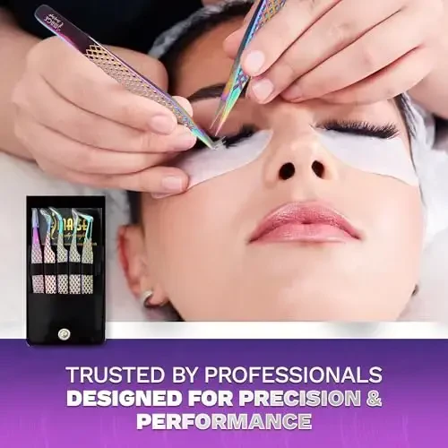 5 dona tolali uchli yapon po'lat kirpik qisqichlari teri qutisi bilan, kirpiklar uchun professional kirpik qisqichlari – titanium bilan qoplangan, 90 va 45 graduslik burchakli, aniq uchli qisqichlar (kamalak rangi) - 3