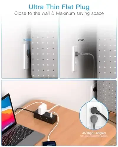 5 Ft Uzaytirgich ko'p rozetkali, Yassi vilka quvvat stripidagi kuchlanishdan himoyalovchi 5 Ft uzunlikdagi sim, 6 rozetka 3 USB port (1 USB C), Sayohat, yotoqxona uchun ko'p rozetkali devor vilkasi - Qora - 6