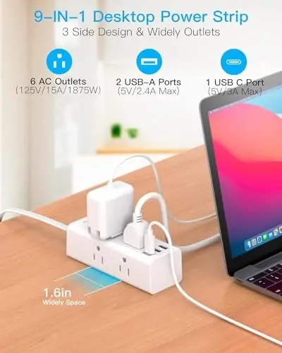 5 Ft Uzaytirgich simi bir nechta rozetka, tekis vilkali tok o'chirgich 5 Ft uzun simi, 6 rozetka 3 USB porti (1 USB C), Sayohat, kollej, yotoqxona uchun ko'p rozetkali devorga ulanadigan vilkasi - 3
