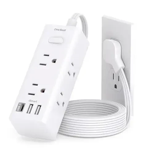 5 Ft uzaytirish simi, bir nechta rozetkali, Yassi vilkali tok tarqatuvchi, 5 Ft uzun simli himoyalangan, 6 rozetka 3 USB porti (1 USB C), Sayohat, kollej, yotoqxona uchun ko'p rozetkali devor vilkasi - 1