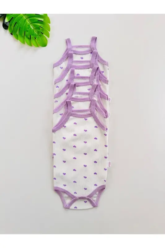 5 li Fitilli Ip Askılı Qalb naqshli qizaloqlar uchun body zıbın-Binafsha - EFU BABY
