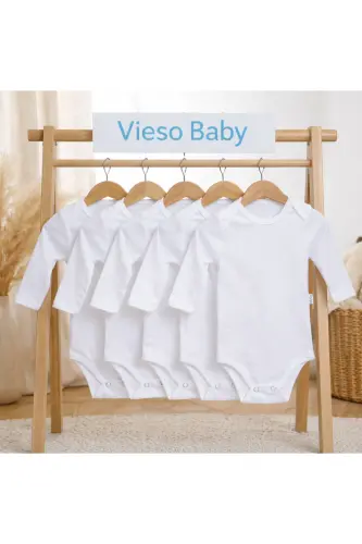 5 Li Uzun Kollu Çıtçıtlı bebek kız erkek body Zarf Yaka - Beyaz56vc36 