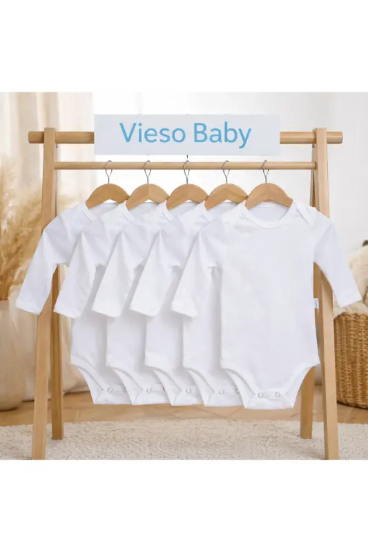 5 Li Uzun Kollu Çıtçıtlı bebek kız erkek body Zarf Yaka - Beyaz56vc36 - 1
