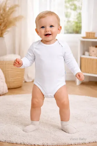 5 Li Uzun Kollu Çıtçıtlı bebek kız erkek body Zarf Yaka - Beyaz56vc36 - 3