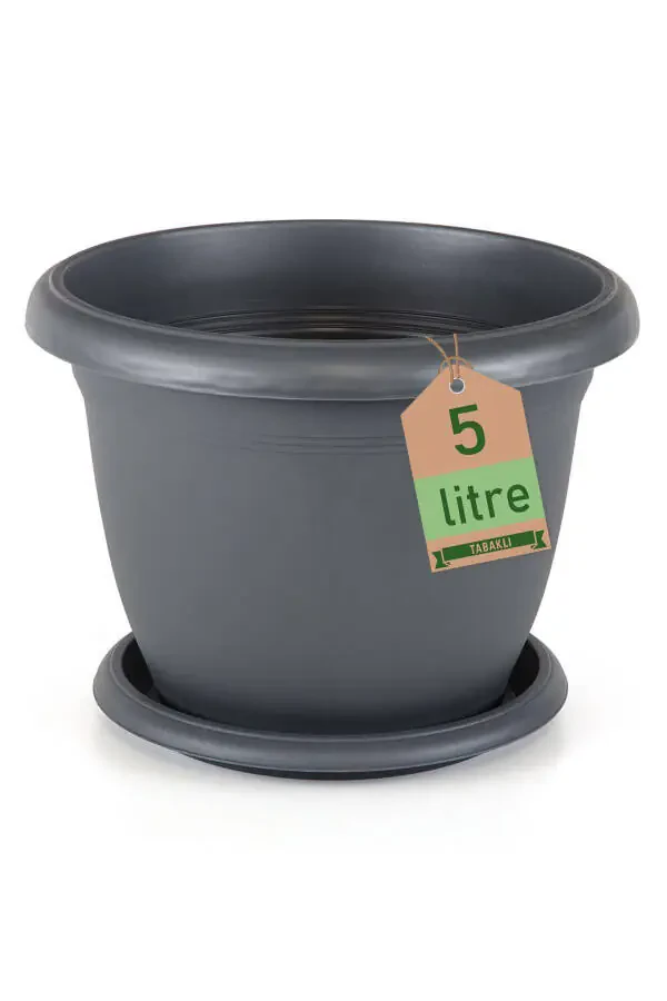 5 Litre Ø26x19cm Saucered Matte Plastic Medium Round Flowerpot Villa No6 Anthracite Grey - 1