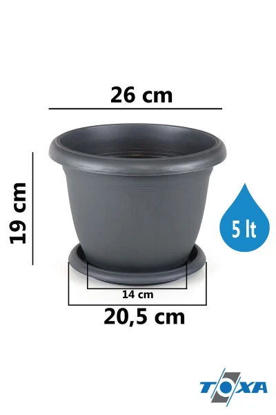 5 Litre Ø26x19cm Tabaklı Mat Plastik Orta Boy Yuvarlak Saksı Villa No6 Antrasit Gri-5L - TOXA (1)